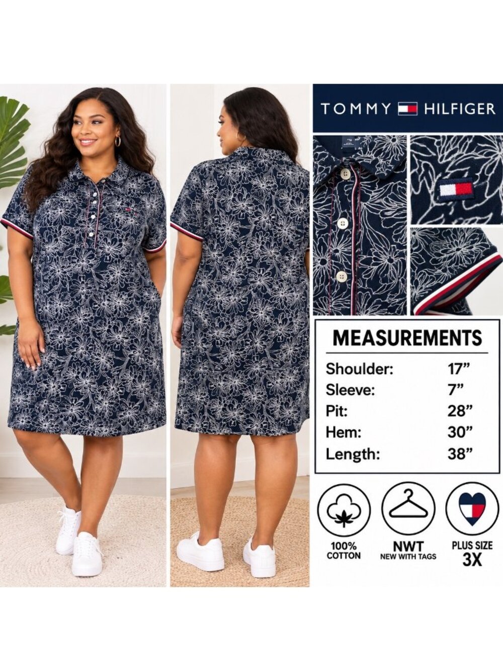 Tommy Hilfiger Polo Dress Women's 3X Navy Floral Polo Cotton Nautical Preppy